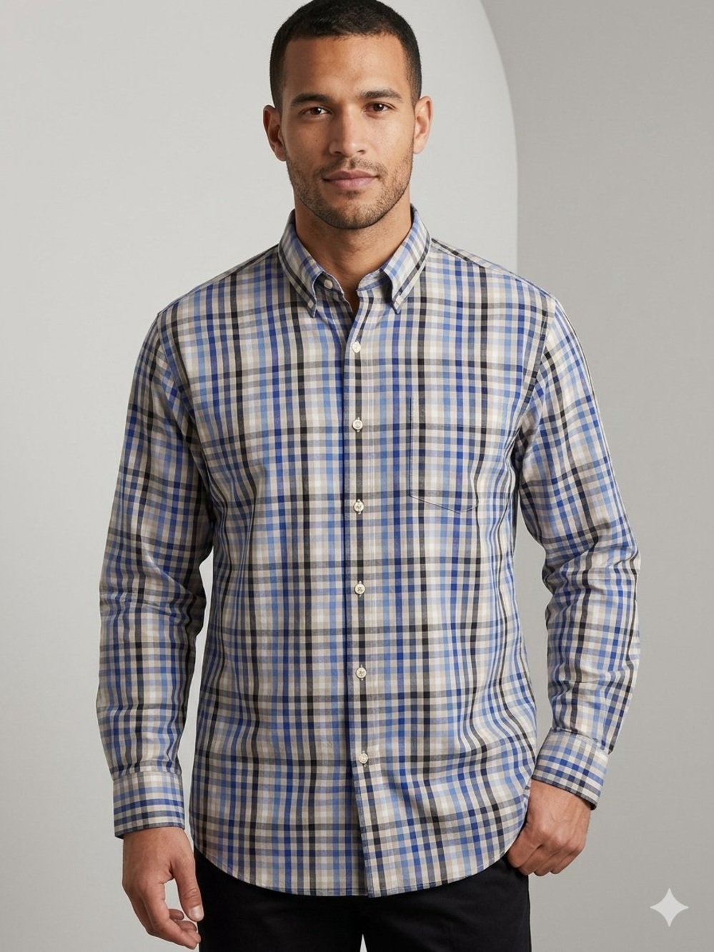 Saddlebred Blue and White Plaid Button-Down Shirt
